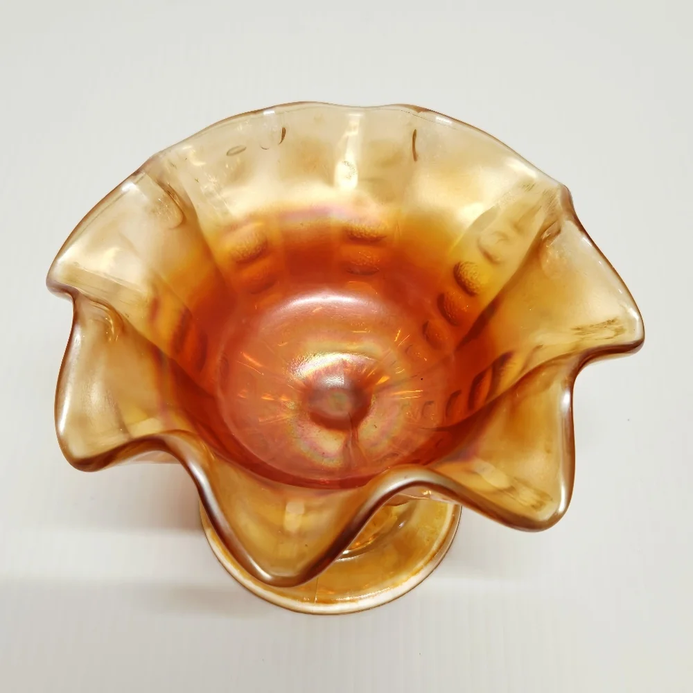 Marigold Carnival Glass Pedestal Ruffled Edge Compote Candy Dish Vintage